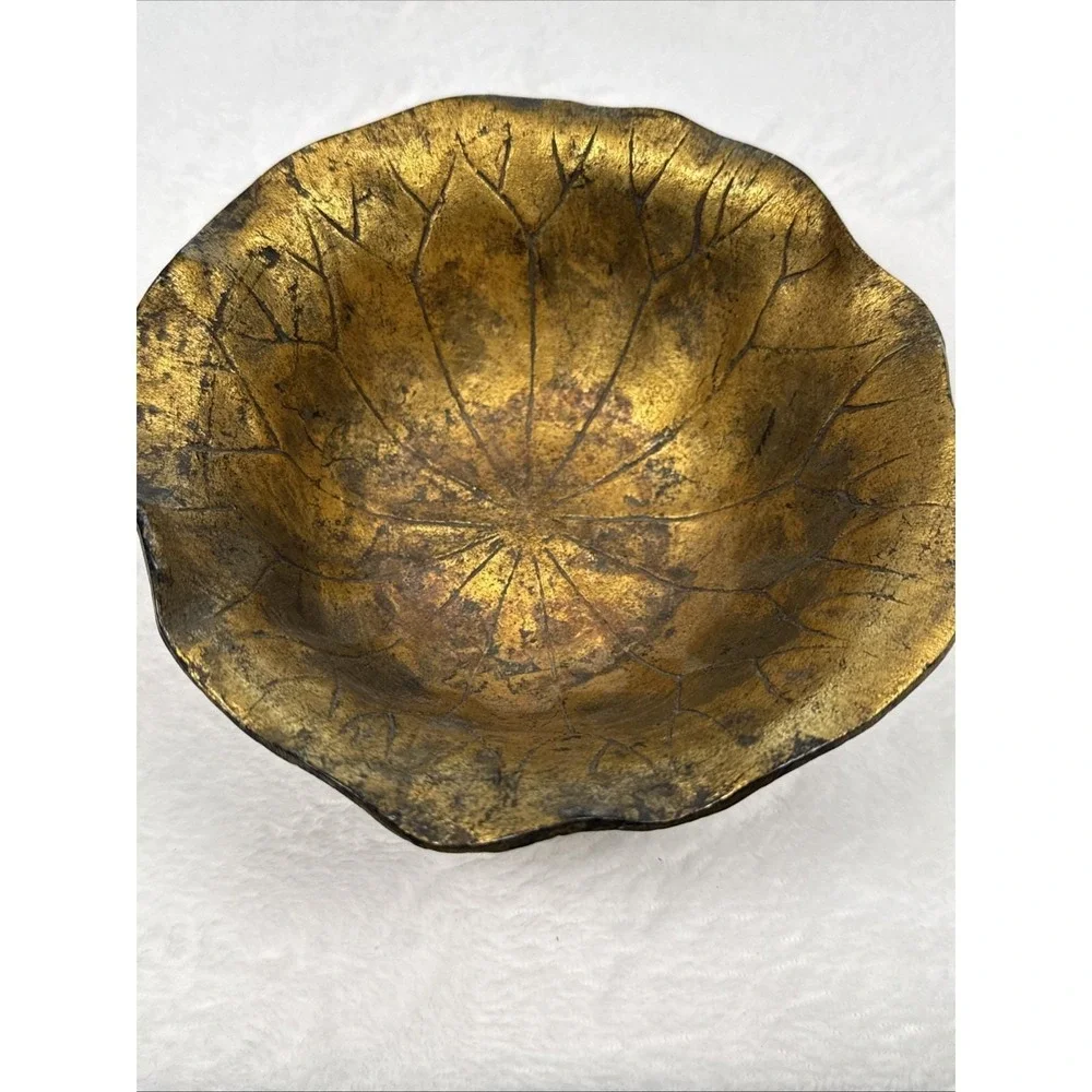 Vintage Gold Leaf Bowl Hollywood Regency Decorative Metal Dish Trinket Catchall